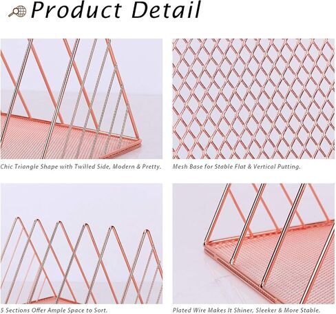 Simmer Stone File Sorter Organizer, 5 Section Magazine Holder Rack, Wire Desk Bookshelf for Mail, Document, Folder, Record and More, Triangle Shape, Rose Gold in Saudi Arabia