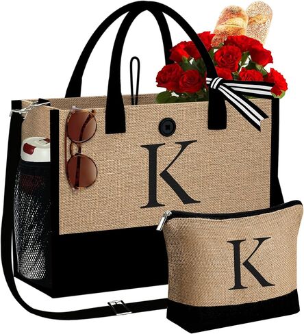 YOOLIFE Christmas Gifts for Women - Initial Jute Tote Bag & Makeup Bag, Birthday Gifts for Women Her Mom Teacher Friend in Saudi Arabia