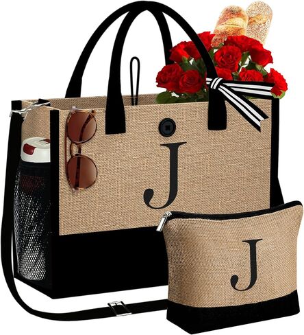 YOOLIFE Christmas Gifts for Women - Initial Jute Tote Bag & Makeup Bag, Birthday Gifts for Women Her Mom Teacher Friend in Saudi Arabia