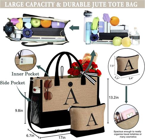 YOOLIFE Christmas Gifts for Women - Initial Jute Tote Bag & Makeup Bag, Birthday Gifts for Women Her Mom Teacher Friend in Saudi Arabia