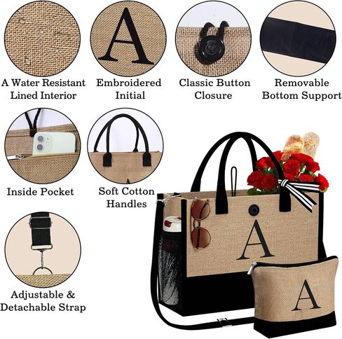 YOOLIFE Christmas Gifts for Women - Initial Jute Tote Bag & Makeup Bag, Birthday Gifts for Women Her Mom Teacher Friend in Saudi Arabia