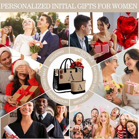 YOOLIFE Christmas Gifts for Women - Initial Jute Tote Bag & Makeup Bag, Birthday Gifts for Women Her Mom Teacher Friend in Saudi Arabia