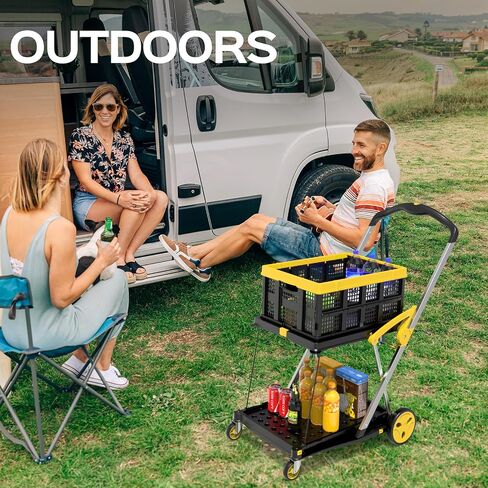 Utility Cart, 200 lbs Capacity Folding Shopping Cart, Multi-Functional Collapsible Cart, Platform Hand Truck with Foot Brake, Grocery Cart on Wheels Foldable with Storage Crate, Yellow in Saudi Arabia