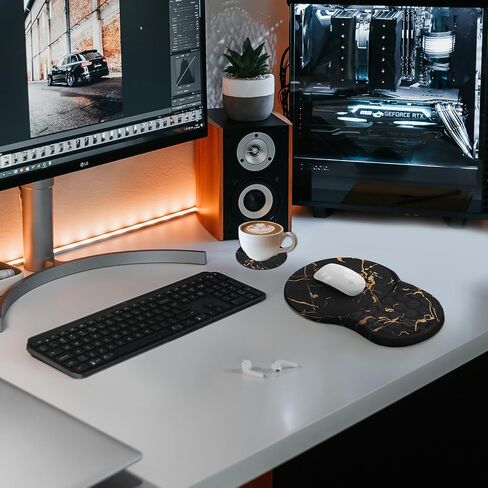 Ospelelf Comfortable Mouse Pad with Wrist Rest, Computer Small Mouse Pad Ergonomic Gaming Mouse Pad with Support, Memory Foam, Non-Slip PU Base for School and Office Supply, Black Gold in Saudi Arabia