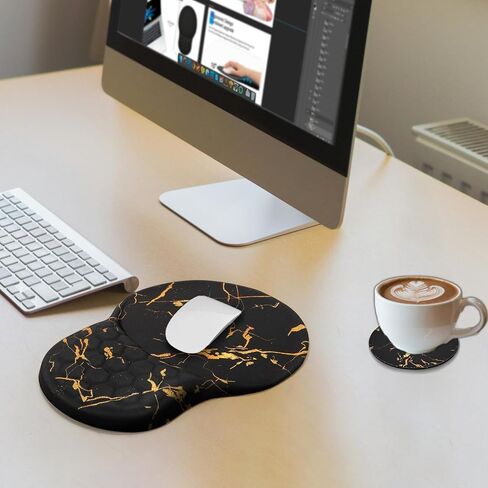 Ospelelf Comfortable Mouse Pad with Wrist Rest, Computer Small Mouse Pad Ergonomic Gaming Mouse Pad with Support, Memory Foam, Non-Slip PU Base for School and Office Supply, Black Gold in Saudi Arabia