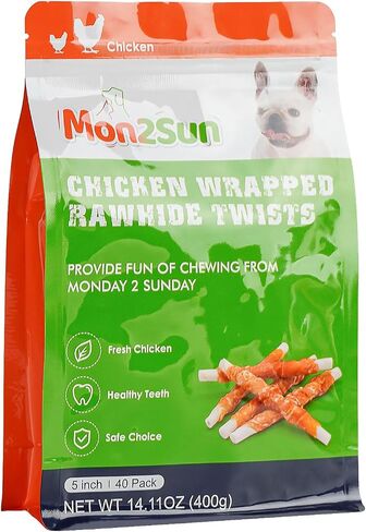 MON2SUN Dog Treats, Rawhide Twist Chicken Hide Sticks, Suitable for Puppy and Small Dogs, 5 Inch (Chicken, Pack of 40) in Kuwait