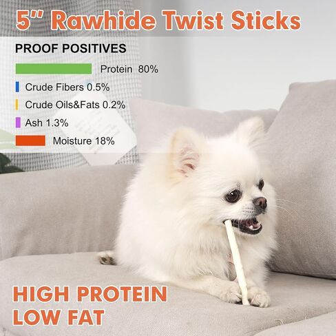 MON2SUN Dog Rawhide Twist Sticks Natural 5 Inch Thin Sticks Rawhide Chews Treats for Puppy and Small Dogs 60 Count, 12.7oz in Saudi Arabia