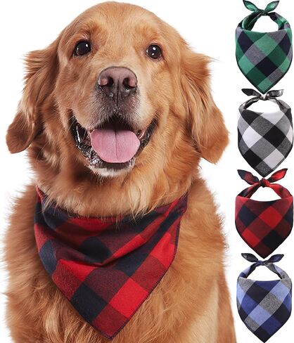 Dog Bandana 4 Pack - Dog Bandanas Boy, Girl, Premium Durable Soft Lightweight Fabric, Buffalo Plaid Scarf for Medium and Large Dogs Pets, Black and White, Red, Green, Blue, Large in Kuwait