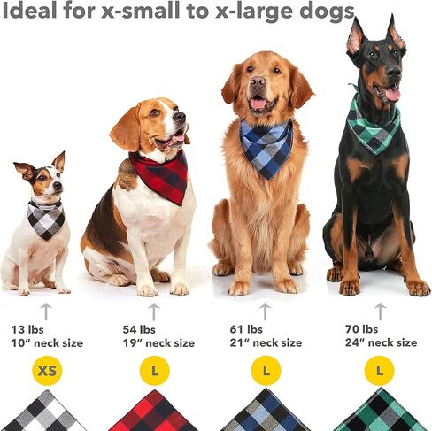 Dog Bandana 4 Pack - Dog Bandanas Boy, Girl, Premium Durable Soft Lightweight Fabric, Buffalo Plaid Scarf for Medium and Large Dogs Pets, Black and White, Red, Green, Blue, Large in Kuwait