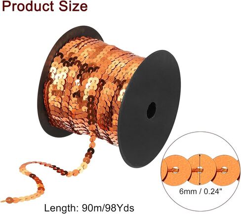 uxcell 6mm 98Yds Flat Sequins Strip, Spangle Paillette String Spool Roll Sewing String Ribbon for Fringe Sewing DIY Projects, Orange in Kuwait
