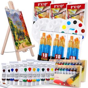 ESRICH Acrylic Painting Set,with 1 Wooden Easel 3 Canvas Panels 30 Nylon Hair Brushes 3 Paint Tray and 2 PCS of 12ml Acrylic Paint for Artist Professional Kit