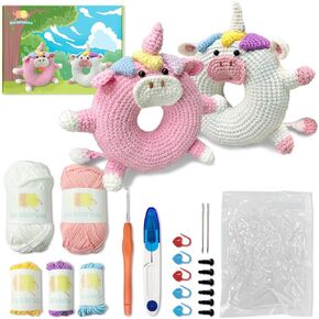 Dw3nwucc Amigurumi طقم كروشيه يونيكورنز مكون من قطعتين للمبتدئين، تعليمات سهلة، طقم كروشيه للمبتدئين البالغين والأطفال، طقم كروشيه حيواني DIY مع دروس فيديو خطوة بخطوة (أبيض ووردي)