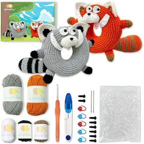 Dw3nwucc Amigurumi 2PCS Raccoon Crochet Kit for Beginners，Easy Instructions，Crochet Kit for Beginners Adults and Kids，DIY Animal Crochet Kit with Step-by-Step Video Tutorials (Grey and Tangerine)