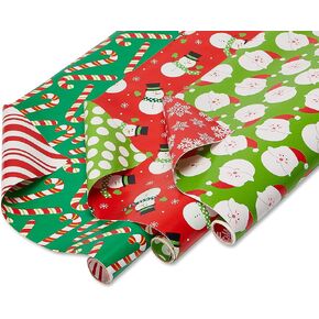 American Greetings 120 sq. ft. Reversible Kids Christmas Wrapping Paper Bundle, Santa, Snowmen and Candy Canes (3 Extra Wide Rolls 40 in. x. 12 ft.)
