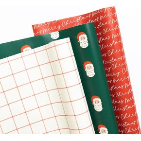 Merry Market 3-pack Premium Matte Christmas Wrapping Paper, Minimal Holiday Gift Wrap, Santa, Solid Red and Green Stripe - 30" x 168" per roll, 105 square feet total.