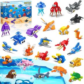 24 Packs Party Favors for Kids, 637 PCS 24in1 Marine Animals Small Toys Mini Building Blocks Set for Goodie Bag Stuffers Classroom Prizes, Easter Carnival Birthday Gift for Boys Girls Ages 6-12