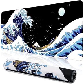 MEWOOCUE® Gaming Mouse Pad for Desk,Large Wave Mousepad Laptop,Black Japanese Anime Mouse Mat,Long XXL Waterproof Keyboard Pads,Big Non-Slip Mousepads for Game Office Home（31.5 x 11.9 in）