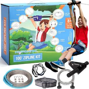 Zip Line Kit for Kids and Adults, 100/120 / 150/200 ft, Up to 350 Lbs, Rustproof Stainless Steel, Quick Setup with Ratchet, Safety Harness, Backyard Adventure Fun Includes Climbing Holds