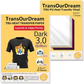 TransOurDream Tru-Heat Transfer Paper for Inkjet & Laserjet Printer (20 Sheets, 8.5x11", Dark 3.0) Printable HTV Heat Transfer Vinyl for T Shirts Iron on Transfers for Dark Fabrics (TRANS-D3-20)