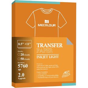 MECOLOUR Iron On Heat Transfer Paper for Light Fabric 8.5x11 for T-Shirt Totes Bags for Any Inkjet Printer 20 Sheets, Long Lasting Printing Transfer Paper for Heat Press