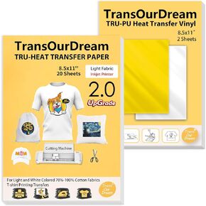 TransOurDream Glitter 2.0 Heat Transfer Paper for Inkjet Printer (20 Sheets, 8.5x11'') Printable Heat Transfer Vinyl for T Shirts Iron on Transfers for Light & Dark Fabrics(TOD-GL2-20)