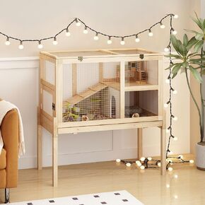 Guinea Pig House for 2 with Stand, Small Animals Rabbit Cages with a Pull Out Tray, Wooden 2 Stories Indoor Large Hamster Habitat Playpen with Ramp, Hideout, Platform, Pull Out Tray, Natural in Kuwait
