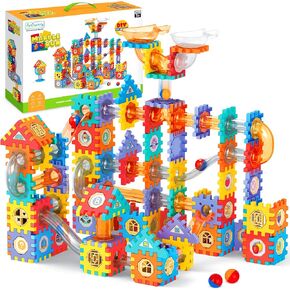 ArtCreativity Kids Marble Run Set - 246 PCS Marble Race Track with Interlocking Building Blocks - Construction Building Toy Marble Run with Waffle Blocks and Stickers- STEM Gifts for Boys