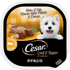 CESAR Adult Wet Dog Food Loaf & Topper in Sauce Rotisserie Chicken Flavor with Bacon & Cheese, 3.5 oz. Easy Peel Trays, Pack of 24