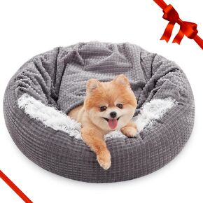 MIXJOY Small Dog Bed with Blanket Attached, Round Calming Hooded Cozy Cave Dog Beds for Small Dogs, Soft Plush Cuddler Puppy Pet Bed and Dog Burrow Cave Bed, Anti-Slip Bottom, 23inch