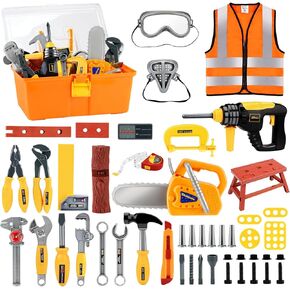 Deejoy Kids Tool Set with Electric Saw & Electronic Toy Drill, 54Pcs Pretend Play Kids Construction Set for Toddler 3-5 Years Old, Toddler Boy Toys-Orange