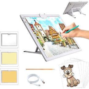 A3 Rechargeable Light Pad, TOHETO 2500mAh Battery Powered Light Board with Stand Top Magnetic Clip 3 Colors Stepless Dimmable 6 Levels Brightness Light Box for Diamond Painting Weeding Vinyl (White)