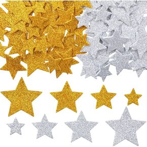 CustomyLife 100Pcsc Glitter Foam Star Stickers, 4 Sizes Gold Silver Star Stickers, Self Adhesive Holographic Christmas Party Decorations Supplies for DIY Crafts, Wall, Scrapbooks, Cards