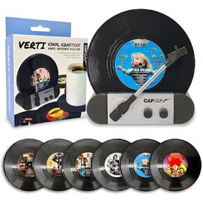 Funny Retro Vinyl Record Coasters, Creative Drink Coasters Set of 12 with Vinyl Record Player Holder for Music Lovers, Housewarming Hostess Gifts, Birthday and White Elephant Gifts Ideas