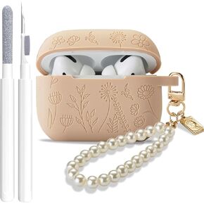 Flower Engraved Case for Airpods Pro 2nd/1st Generation Case with Cleaner Kit, Silicone Airpod Pro Protective Cover with Luxury Pearl Keychain for iPods Pro 2/1 Case 2023 2022 2019, Pine Green