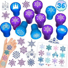 36PCS Snowflake Party Favors 24 Tattoos Sticker 12 Stamp Set - Ideal Winter Themed Birthday Card Decorations Supplies Goodie Bag Cute Rewards for Girls Classroom Gifts Baby Shower Prizes