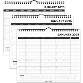 PAPERAGE Calendar 2025-12 Month (Black), Minimalist Wall and Desk Calendar with Monthly Views and Yearly Plans – Medium (11.5 in x 14.75 in)