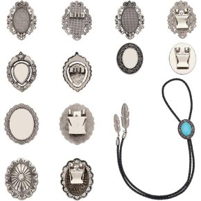 NBEADS 6 Pcs Bolo Tie Buckle, 6 Styles Antique Silver Alloy Bolo Tie Slides Clasp Cabochon Settings Bolo Tie Findings Blank Bolo Tie Slides for Bolo Tie Making, Tray: 0.31-1.54x0.24-1.18 Inch