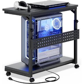 Computer Tower Stand with Power Strips, Height Adjustable PC Tower Stand/Cart with Wheels, Mobile Rolling CPU Holder, Computer Cart Side Stand for Computer Desk, 32", Carbon Fiber Black
