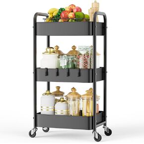 LEHOM 3 Tier Rolling Storage Cart, Metal Trolley Utility Cart with Wheels & Hooks, Easy Assembly Organizer Storage Cart for Bathroom Kitchen Office Bedroom (Green)
