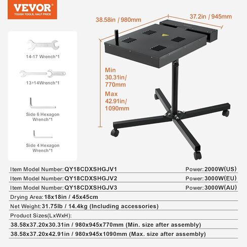 VEVOR Pro Flash Dryer 18x18 inch, Upgrade 2000W Electrical Control Box Flash Dryer for Screen Printing Machine with Height Adjustable Stand, 360° Rotation, X-Shaped Base, Steel T-Shirt Curing Machine in Saudi Arabia