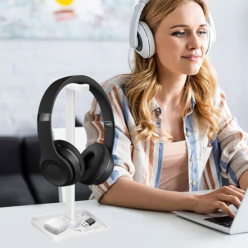 Headphone Stand with Phone Stand Storage Tray Headsets Stand Gaming Headphone Holder for All Headphones 3 in 1 for AirPods Max Beats Sony Bose White in Saudi Arabia