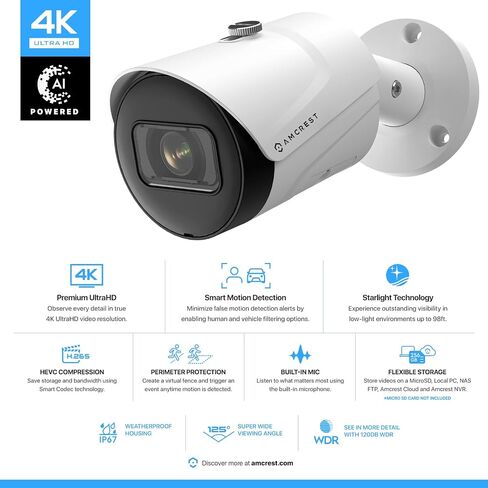 كاميرا Amcrest UltraHD 4K (8MP) خارجية للأمان IP POE، رؤية ليلية 98 قدمًا، عدسة 2.8 مم، مقاومة للطقس IP67، تسجيل MicroSD بسعة 256 جيجابايت، أسود (IP8M-2496EB-V2) in Saudi Arabia