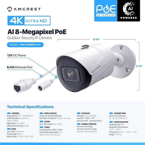كاميرا Amcrest UltraHD 4K (8MP) خارجية للأمان IP POE، رؤية ليلية 98 قدمًا، عدسة 2.8 مم، مقاومة للطقس IP67، تسجيل MicroSD بسعة 256 جيجابايت، أسود (IP8M-2496EB-V2) in Saudi Arabia