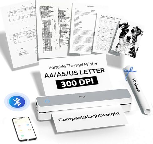 طابعة PRT محمولة لاسلكية للسفر، طابعة حرارية بلوتوث تدعم 8.5 بوصة × 11 بوصة حرف أمريكي A4 A5، متوافقة مع iPhone وAndroid والكمبيوتر المحمول، طابعة بدون حبر للمكتب والمنزل والمدرسة، باللون الأبيض in Saudi Arabia