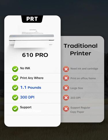طابعة PRT محمولة لاسلكية للسفر، طابعة حرارية بلوتوث تدعم 8.5 بوصة × 11 بوصة حرف أمريكي A4 A5، متوافقة مع iPhone وAndroid والكمبيوتر المحمول، طابعة بدون حبر للمكتب والمنزل والمدرسة، باللون الأبيض in Saudi Arabia