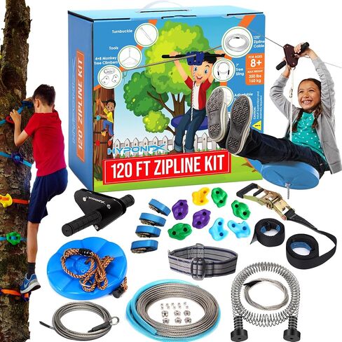 Zip Line Kit for Kids and Adults, 100/120 / 150/200 ft, Up to 350 Lbs, Rustproof Stainless Steel, Quick Setup with Ratchet, Safety Harness, Backyard Adventure Fun Includes Climbing Holds in Kuwait