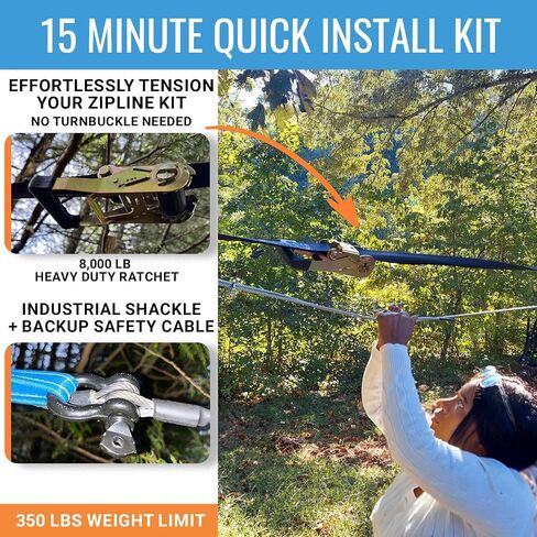 Zip Line Kit for Kids and Adults, 100/120 / 150/200 ft, Up to 350 Lbs, Rustproof Stainless Steel, Quick Setup with Ratchet, Safety Harness, Backyard Adventure Fun Includes Climbing Holds in Kuwait