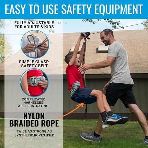 Zip Line Kit for Kids and Adults, 100/120 / 150/200 ft, Up to 350 Lbs, Rustproof Stainless Steel, Quick Setup with Ratchet, Safety Harness, Backyard Adventure Fun Includes Climbing Holds in Kuwait