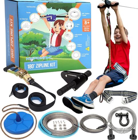 Zip Line Kit for Kids and Adults, 100/120 / 150/200 ft, Up to 350 Lbs, Rustproof Stainless Steel, Quick Setup with Ratchet, Safety Harness, Backyard Adventure Fun Includes Climbing Holds in Kuwait