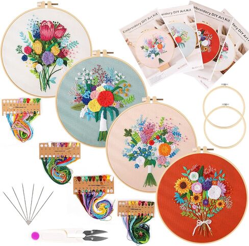 Picoey Modern Flower Heart Embroidery Kit for Beginners with Pattern and Instructions,4 Pack Cross Stitch Kits,2 Wooden Embroidery Hoops,Threads and Needles,Needlepoint Kit for Adults in Saudi Arabia